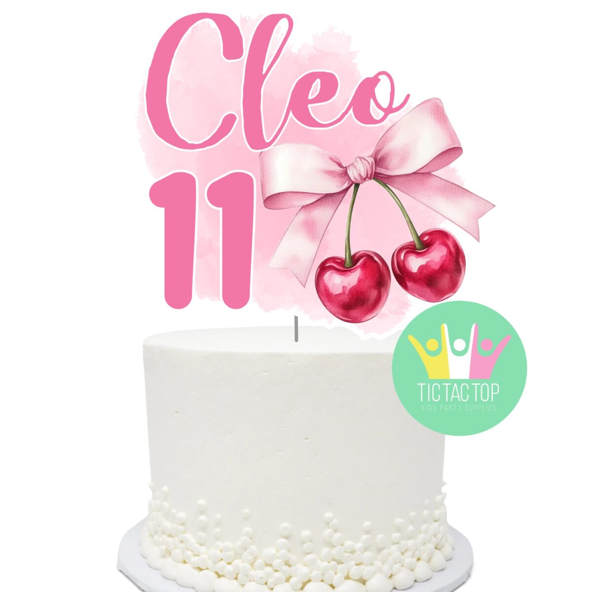 Cherry Bow Pink Personalised Cake Topper
