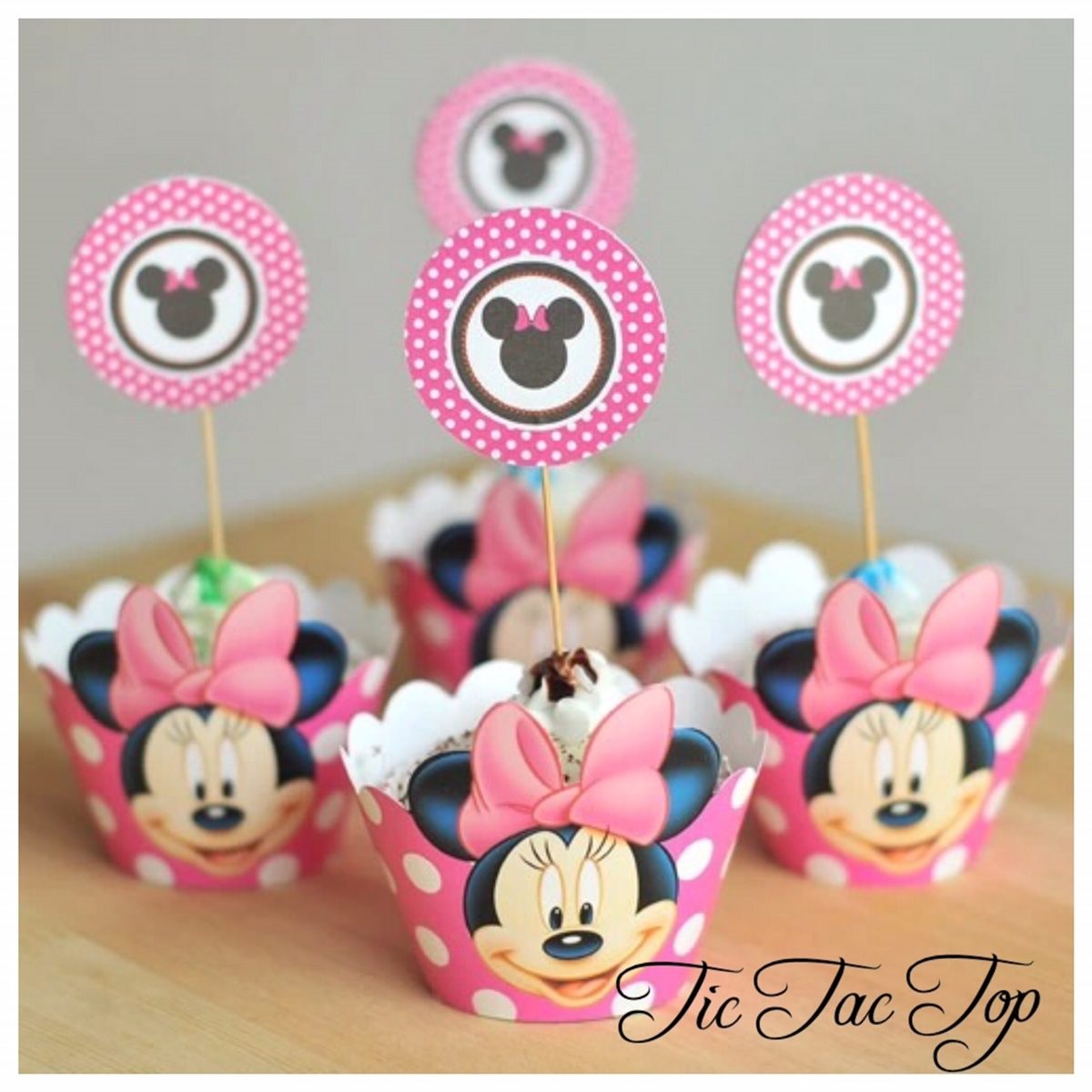 Minnie Mouse Pink Spotty Cupcake Wrappers + Toppers